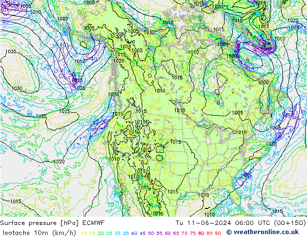 Isotachs (kph) ECMWF Út 11.06.2024 06 UTC