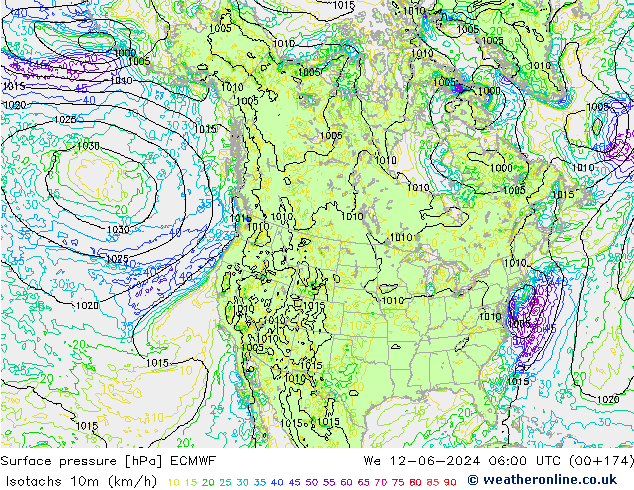 Isotachs (kph) ECMWF mer 12.06.2024 06 UTC