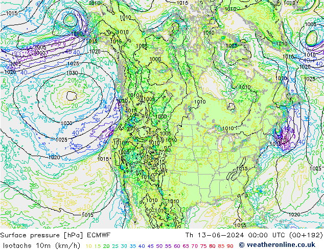 Isotachs (kph) ECMWF чт 13.06.2024 00 UTC