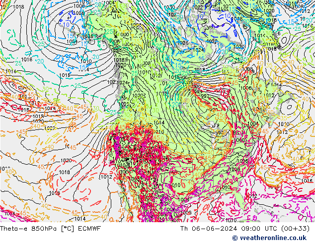 Theta-e 850hPa ECMWF jue 06.06.2024 09 UTC