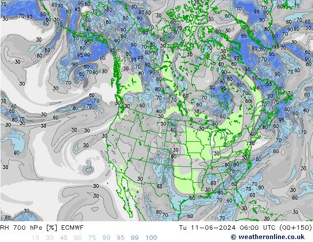 RH 700 hPa ECMWF Tu 11.06.2024 06 UTC