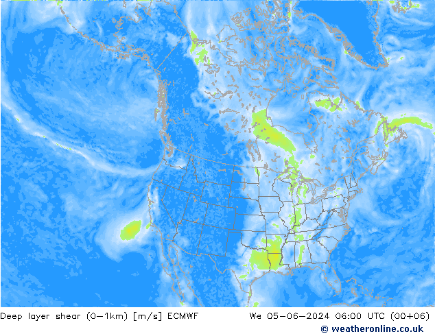 Deep layer shear (0-1km) ECMWF Qua 05.06.2024 06 UTC