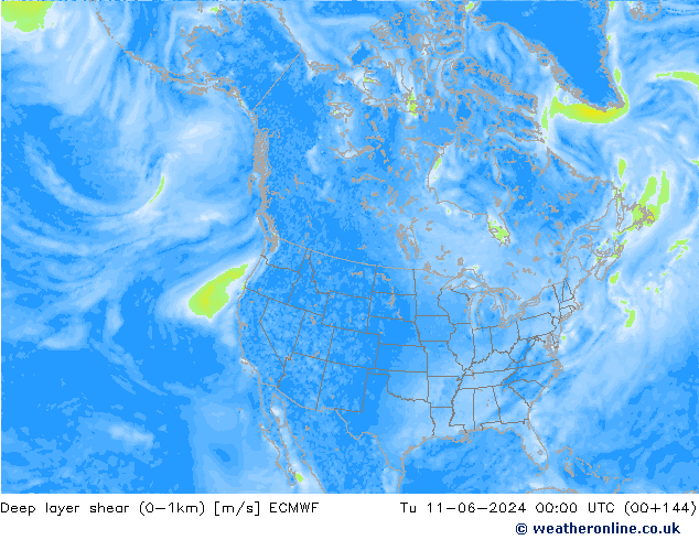 Deep layer shear (0-1km) ECMWF Ter 11.06.2024 00 UTC