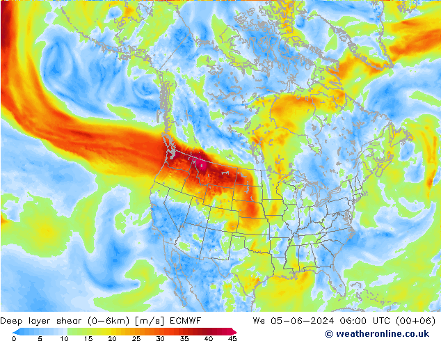 Deep layer shear (0-6km) ECMWF Mi 05.06.2024 06 UTC