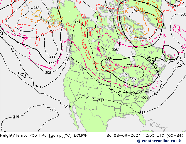 Height/Temp. 700 hPa ECMWF Sa 08.06.2024 12 UTC