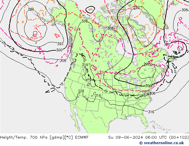 Height/Temp. 700 hPa ECMWF So 09.06.2024 06 UTC