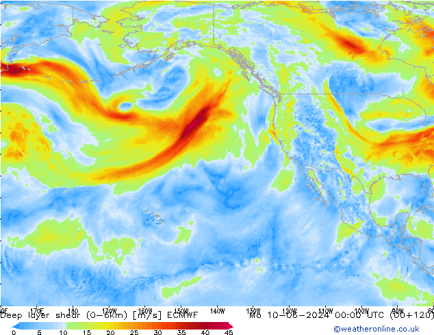 Deep layer shear (0-6km) ECMWF ma 10.06.2024 00 UTC