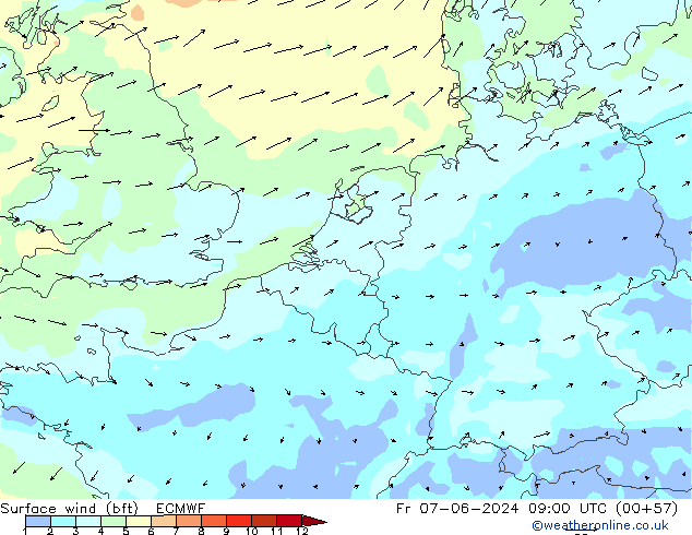  10 m (bft) ECMWF  07.06.2024 09 UTC