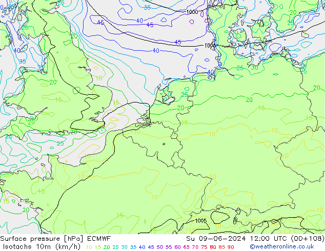 Isotachs (kph) ECMWF  09.06.2024 12 UTC