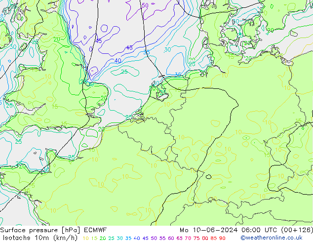 Isotachs (kph) ECMWF пн 10.06.2024 06 UTC