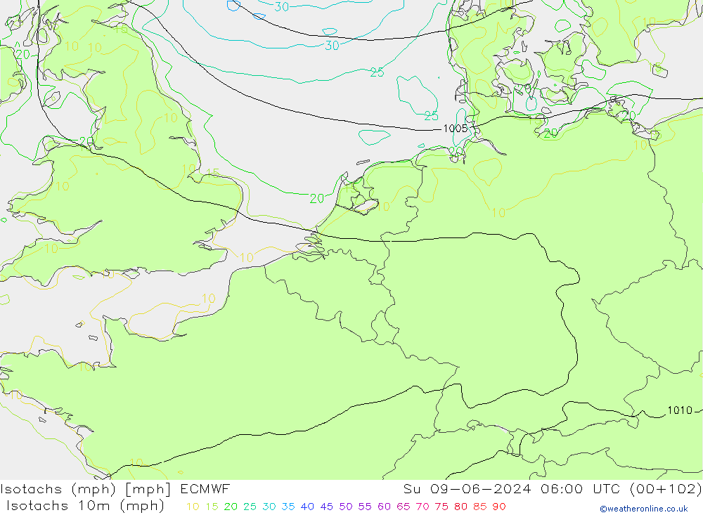 Isotaca (mph) ECMWF dom 09.06.2024 06 UTC