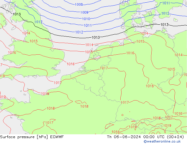 Presión superficial ECMWF jue 06.06.2024 00 UTC