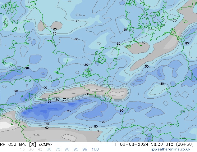 RH 850 hPa ECMWF gio 06.06.2024 06 UTC