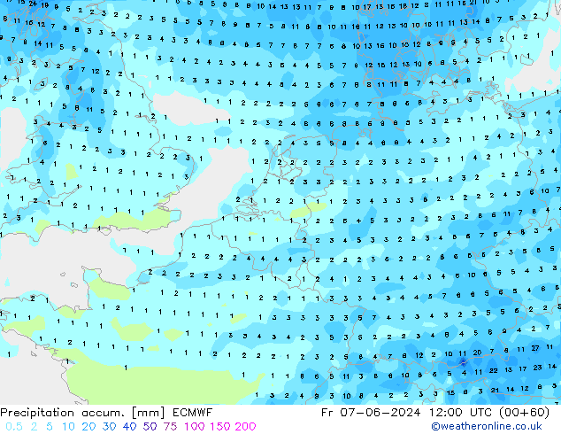 Totale neerslag ECMWF vr 07.06.2024 12 UTC