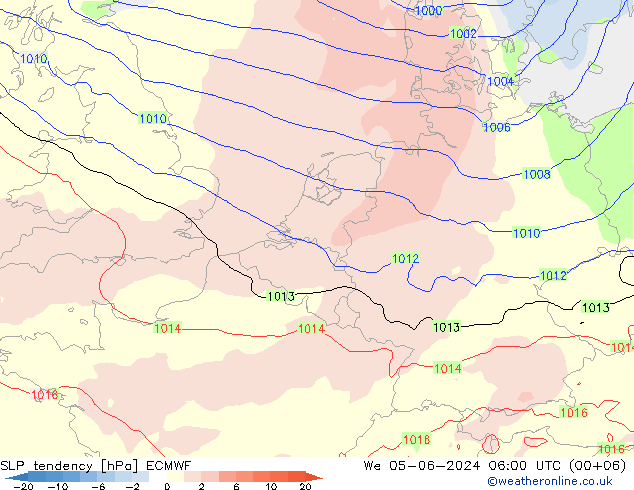 SLP tendency ECMWF Qua 05.06.2024 06 UTC