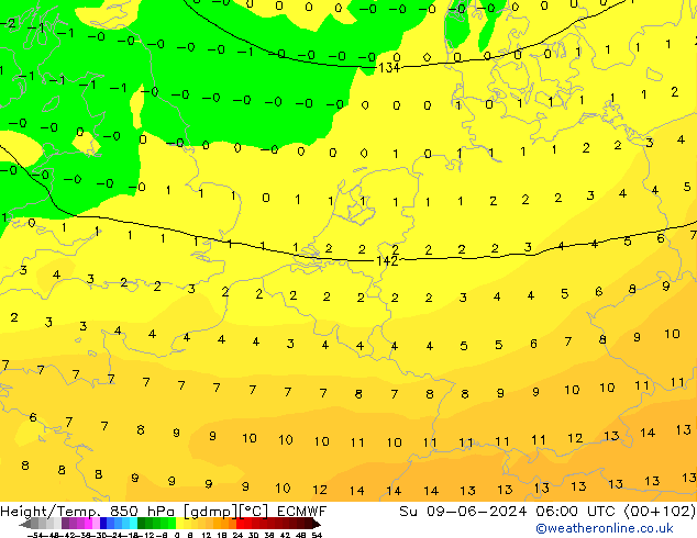 Height/Temp. 850 hPa ECMWF Su 09.06.2024 06 UTC