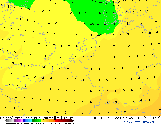 Geop./Temp. 850 hPa ECMWF mar 11.06.2024 06 UTC