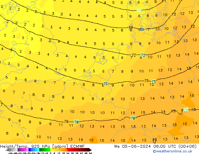 Height/Temp. 925 hPa ECMWF Mi 05.06.2024 06 UTC