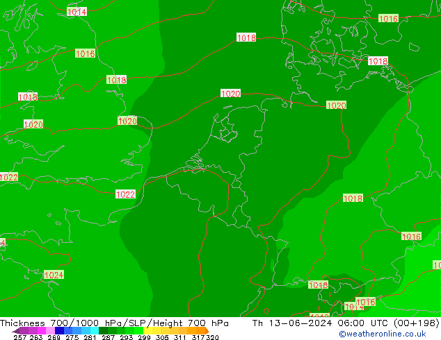 Thck 700-1000 hPa ECMWF Th 13.06.2024 06 UTC