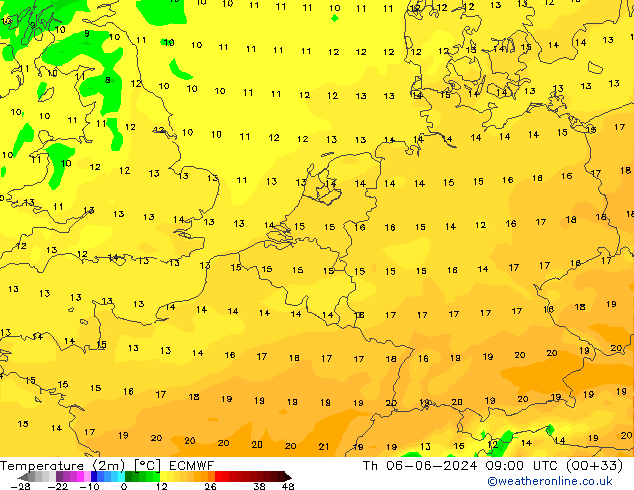 Temperature (2m) ECMWF Th 06.06.2024 09 UTC