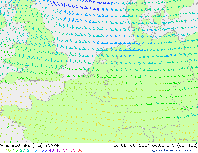 Wind 850 hPa ECMWF Su 09.06.2024 06 UTC