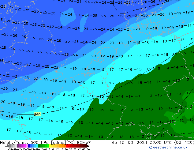 Height/Temp. 500 hPa ECMWF Mo 10.06.2024 00 UTC