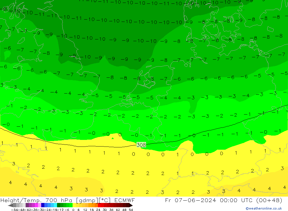 Height/Temp. 700 hPa ECMWF Fr 07.06.2024 00 UTC