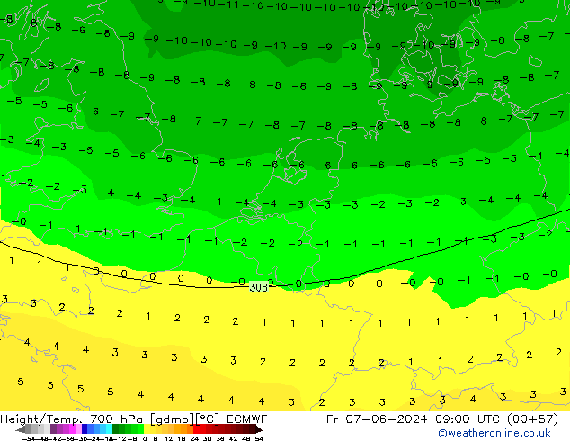 Height/Temp. 700 hPa ECMWF ven 07.06.2024 09 UTC