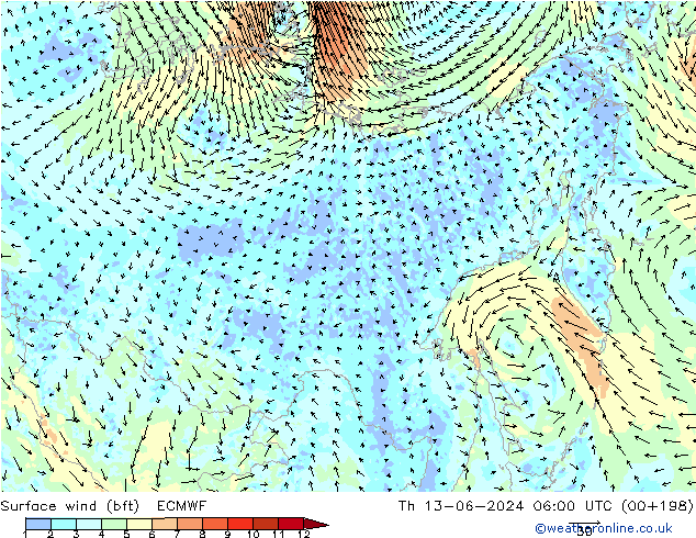wiatr 10 m (bft) ECMWF czw. 13.06.2024 06 UTC