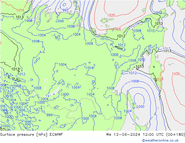 Surface pressure ECMWF We 12.06.2024 12 UTC