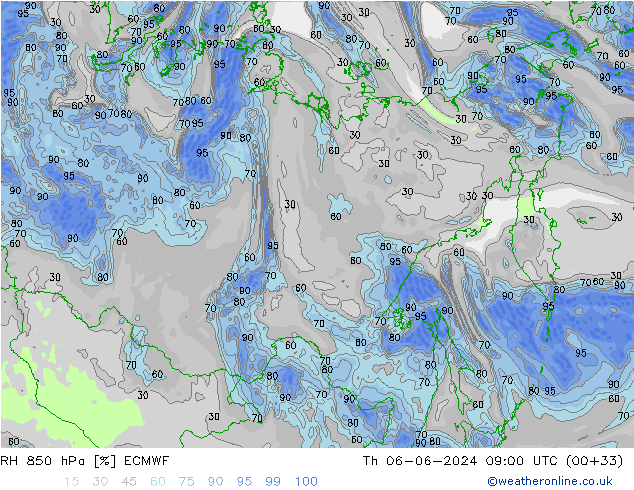 Humedad rel. 850hPa ECMWF jue 06.06.2024 09 UTC