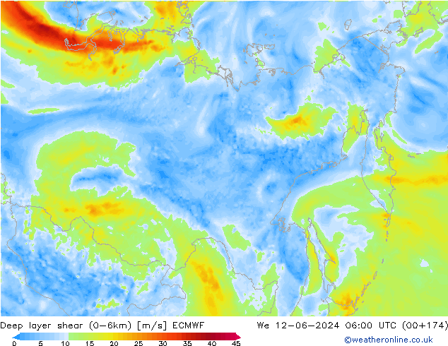 Deep layer shear (0-6km) ECMWF  12.06.2024 06 UTC