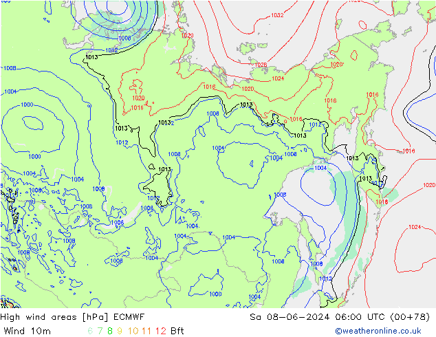 High wind areas ECMWF Sa 08.06.2024 06 UTC