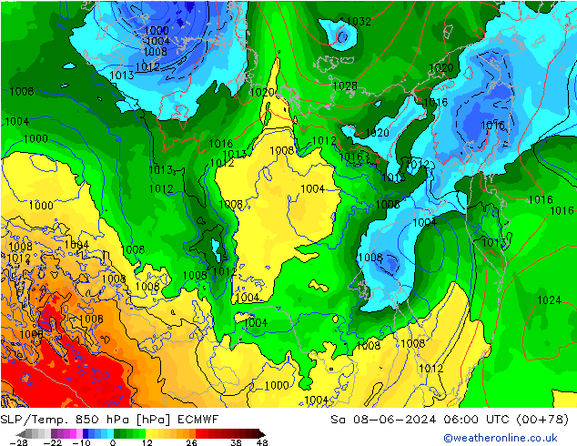 SLP/Temp. 850 hPa ECMWF  08.06.2024 06 UTC