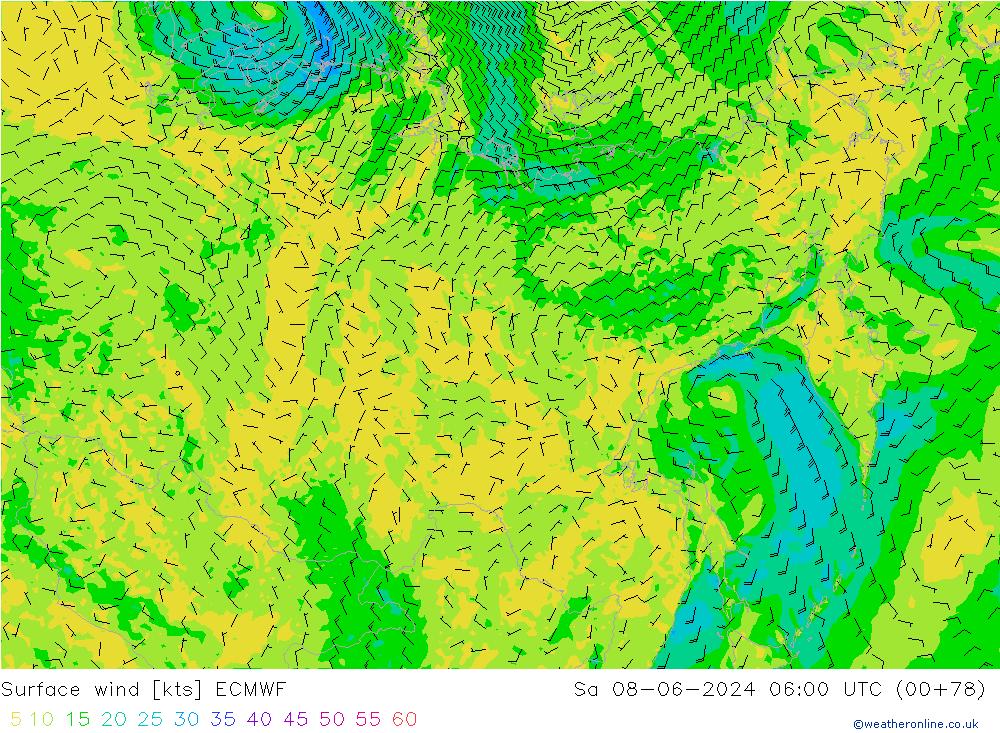 Vent 10 m ECMWF sam 08.06.2024 06 UTC