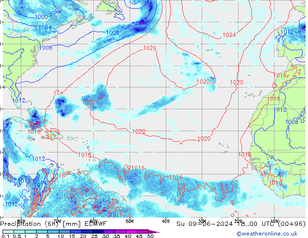 Totale neerslag (6h) ECMWF zo 09.06.2024 00 UTC