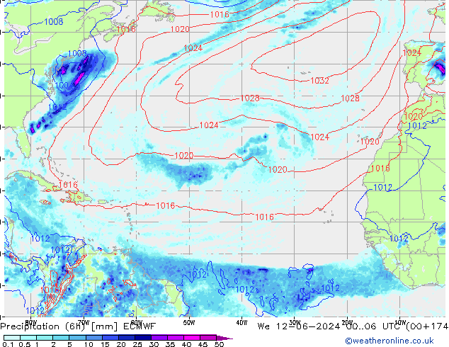 Totale neerslag (6h) ECMWF wo 12.06.2024 06 UTC