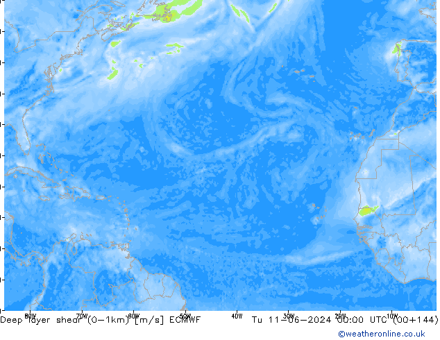 Deep layer shear (0-1km) ECMWF Tu 11.06.2024 00 UTC