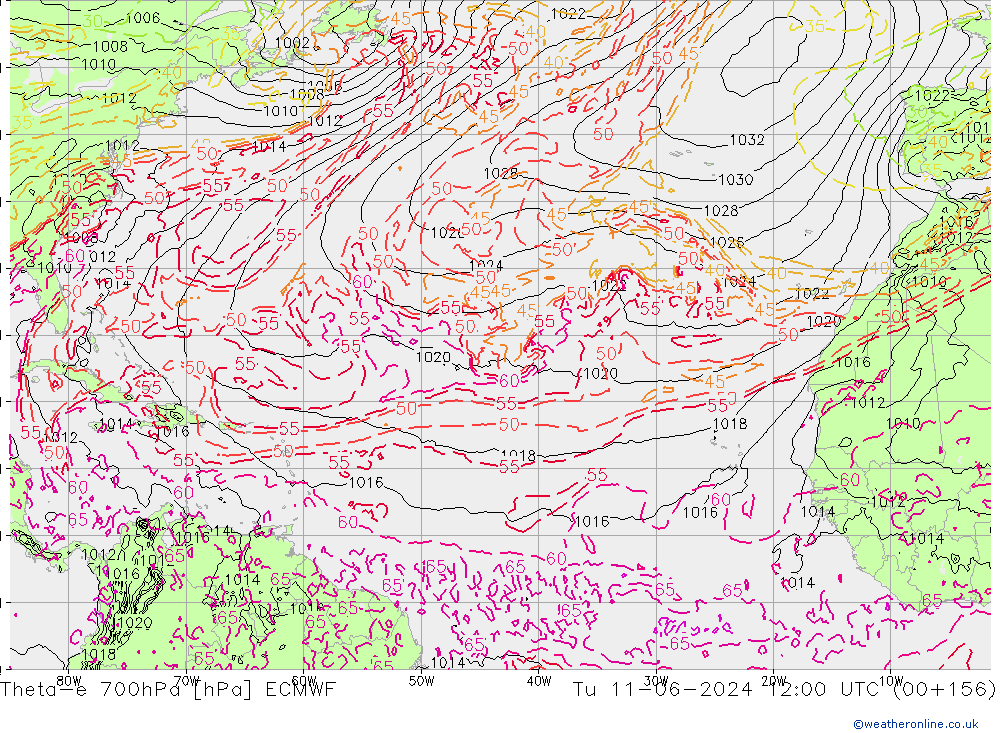 Theta-e 700hPa ECMWF Tu 11.06.2024 12 UTC