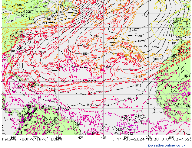 Theta-e 700hPa ECMWF Tu 11.06.2024 18 UTC