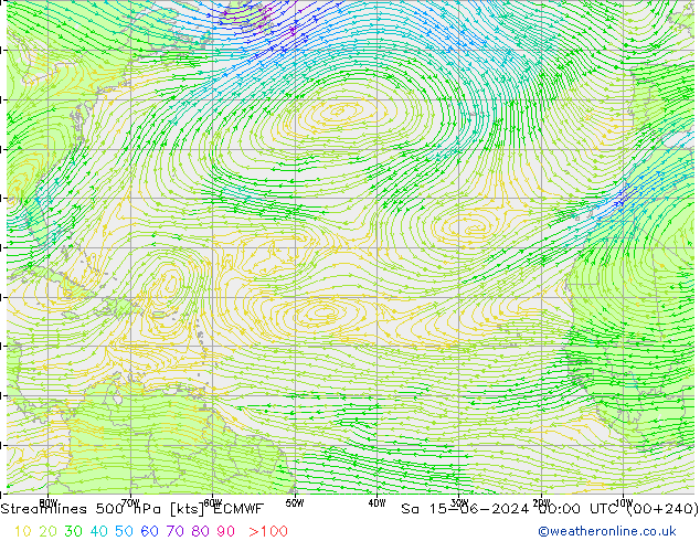 Stroomlijn 500 hPa ECMWF za 15.06.2024 00 UTC