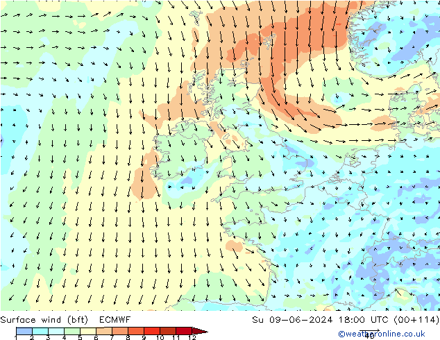  10 m (bft) ECMWF  09.06.2024 18 UTC