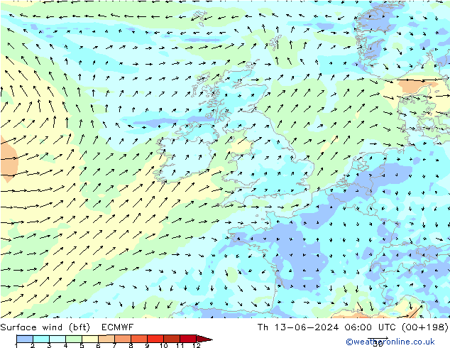  10 m (bft) ECMWF  13.06.2024 06 UTC