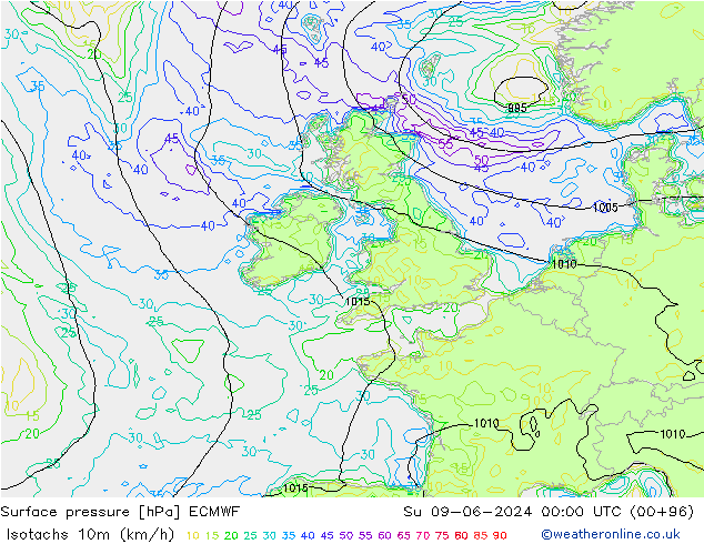 Isotachs (kph) ECMWF Dom 09.06.2024 00 UTC