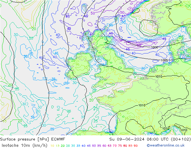 Isotachen (km/h) ECMWF So 09.06.2024 06 UTC