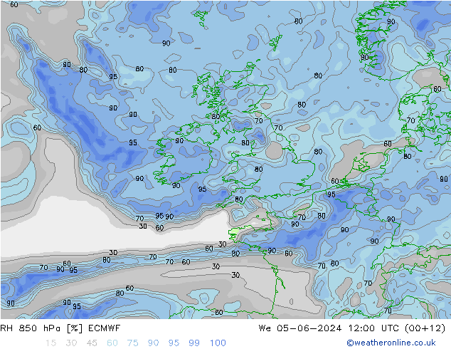 RH 850 hPa ECMWF Qua 05.06.2024 12 UTC