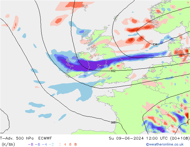 T-Adv. 500 hPa ECMWF nie. 09.06.2024 12 UTC