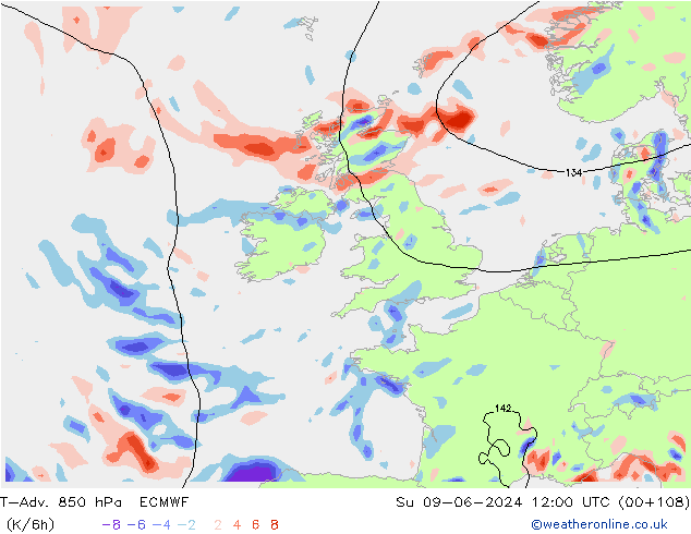 T-Adv. 850 hPa ECMWF nie. 09.06.2024 12 UTC