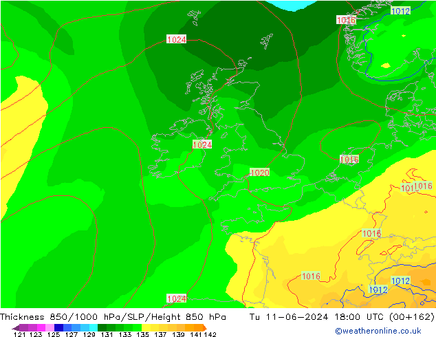 Thck 850-1000 hPa ECMWF Tu 11.06.2024 18 UTC