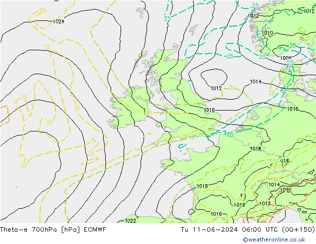 Theta-e 700hPa ECMWF Tu 11.06.2024 06 UTC